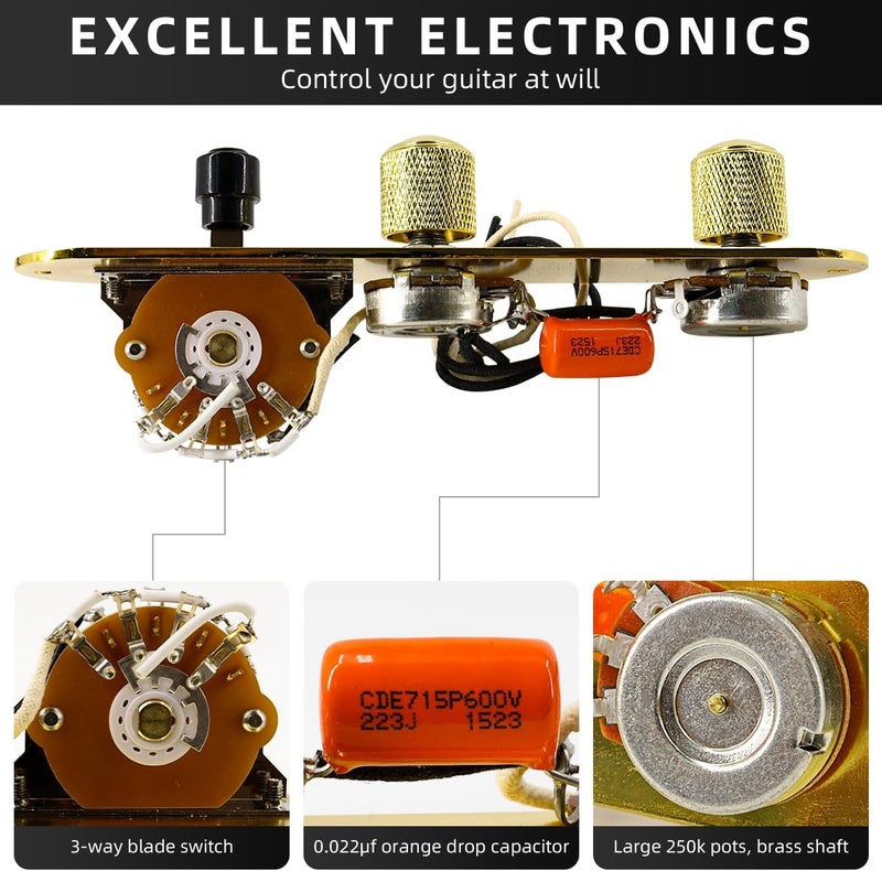 Domofa Loaded Guitar Control Plate Prewired 3-Way Switch 250K Large Potentiometers Knurled Volume Tone Controls Knobs for Tele/Telecaster Electric Guitar Parts Replacement (Gold) - Image 4
